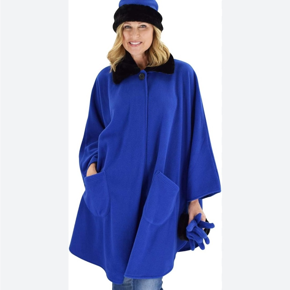 Le Moda Blue Cape Coat Faux Fur Collar Oversized Vintage Elegant